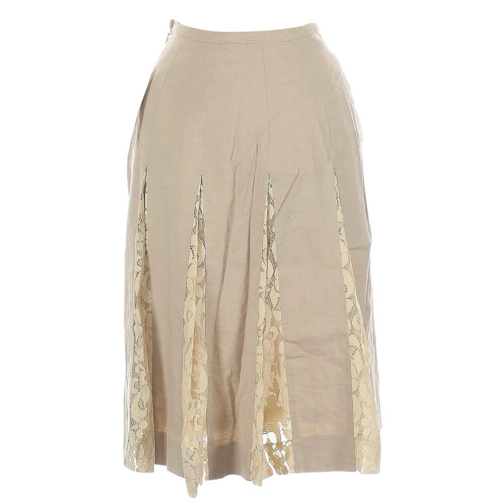 Vintage Kiton Lace Panel Pleated Midi Linen Skirt Khaki Sz 6